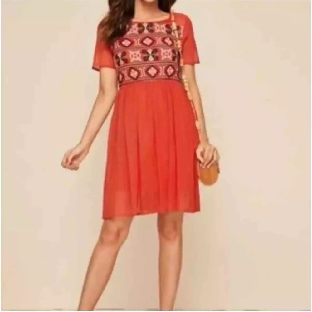 Zara Bright Orange Embroidered Mini Dress - Picture 2 of 3